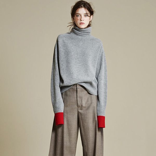 

women's knits & tees pullover sweater women autumn winter casual fashion turtleneck contrast color warm thick loose knitted ieo8, White