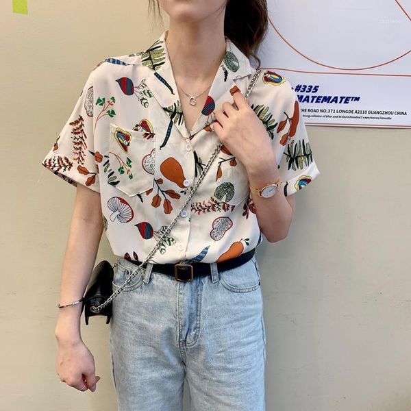 

women's blouses & shirts blouse summer women short sleeve shirt white t-shirt print turn-down woman 2021 casual female clothing lady