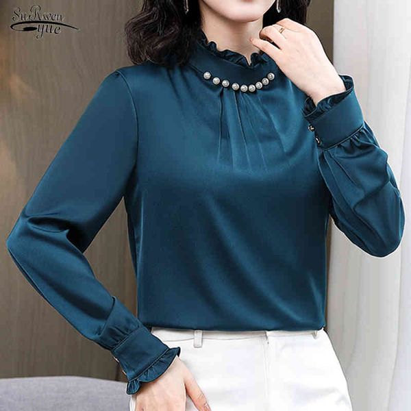 

silk women's blouse with beading office lady stand collar satin shirt for women long sleeve solid female blouse 13044 210518, White