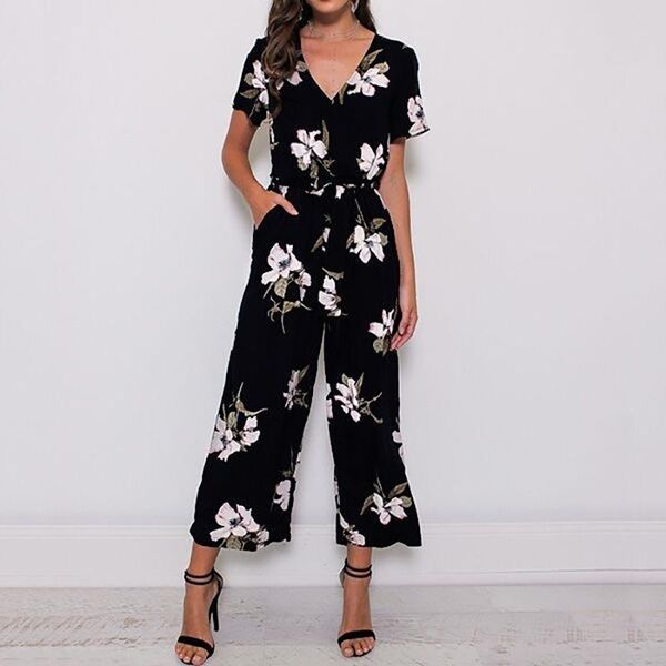 

women's jumpsuits & rompers large size fashion loose printed chiffon pocket jumpsuit office lady ankle-length pants, Black;white