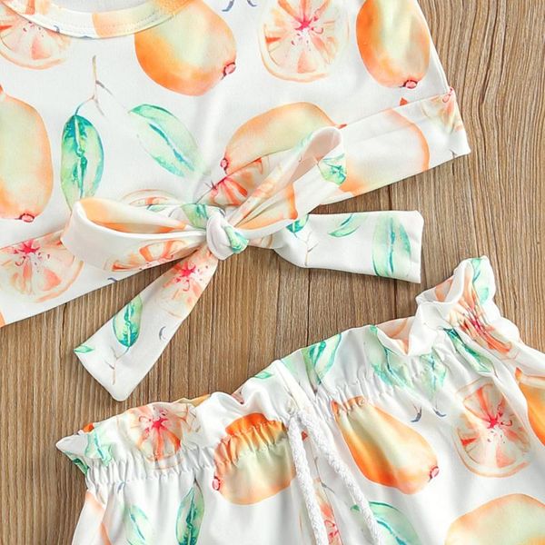 

pcs infant flower/fruit print outfits,baby girl round neck short sleeve bowknot t-shirt + ruffle drawstring shorts for summer clothing sets, White