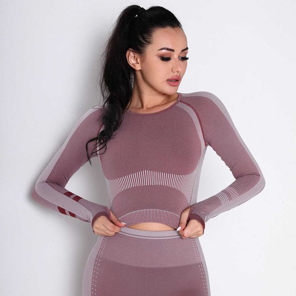 

european selling seamls fitn's tight quick drying t-shirt sports long sleeve yoga cloth, Gray