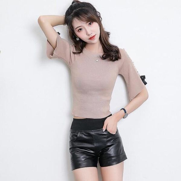 

women's shorts genuine leather women first layer sheepskin high waist 2021 casual soft clothing fashion, White;black