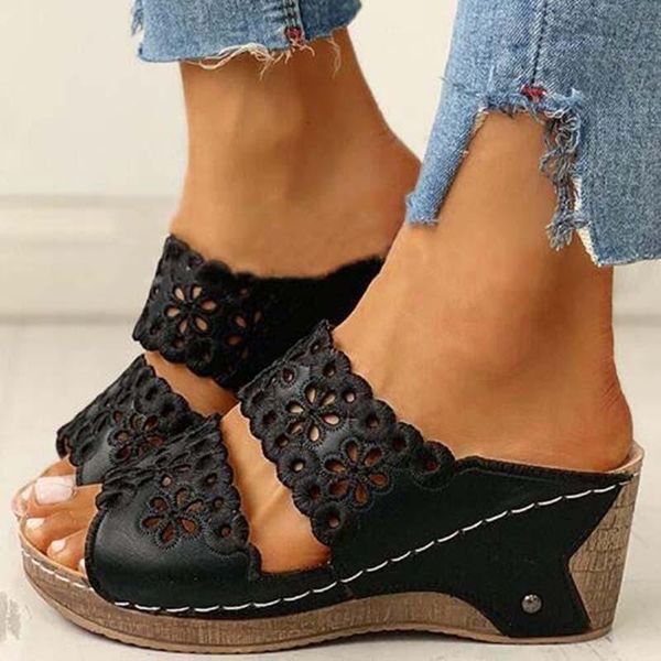 

summer women sandals embroidery female open toe shoes fashion platform wedge slides ladies beach sandalias de mujer, Black