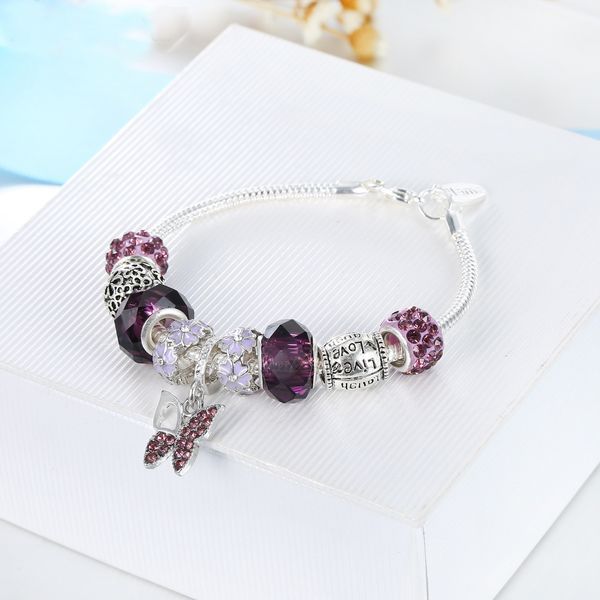 

pd beaded strands womens jewelry 925 silver violet crystal inlay diamond bracelet alloy large hole aa204, Black