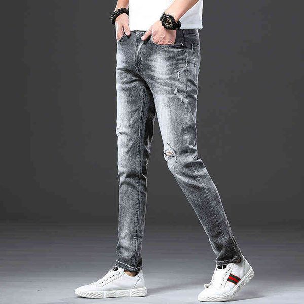 

men's jeans 2021 class 4 korean jeans men's slim leggings trend middle waist perforated pants teenagers, Blue