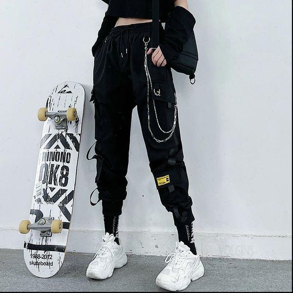 

harajuku black cargo chain womens pants wide leg hiphop streetwear loose baggy oversize korean style trousers, Black;white