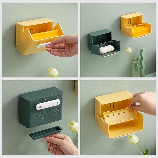 

soap dishes flip wall mounted holder with drain drawer self-adhesive storage box for home kitchen bathroom js23