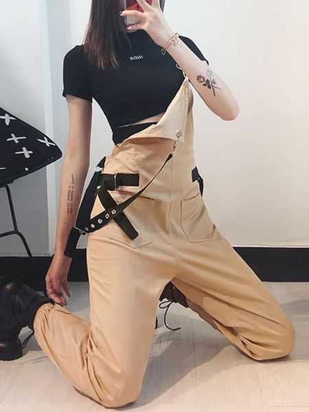 

women cotton jumpsuit dungarees loose playsuit overalls mid rise cargo trousers casual hip hop style streetwear autumn women's jumpsuit, Black;white