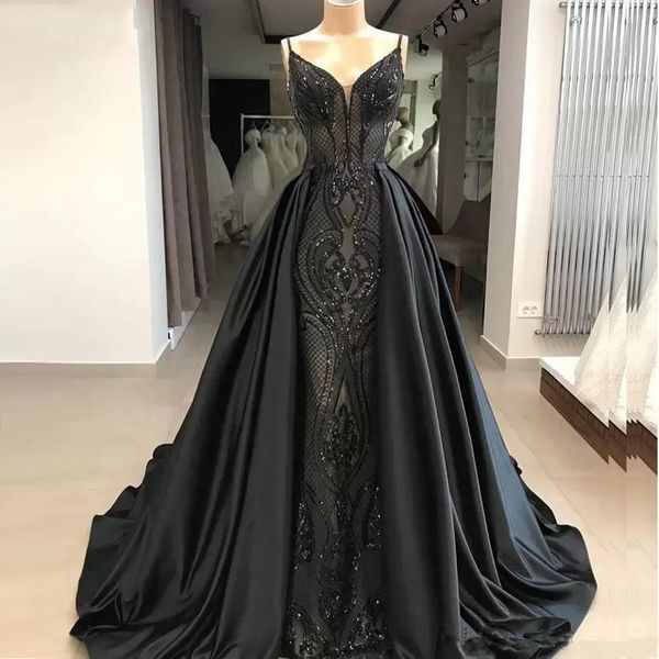 Novo longo preto vestidos de baile de sereia preto 2022 glitter abendkleider saudita árabe plus tamanho vestidos de noite com saia destacável