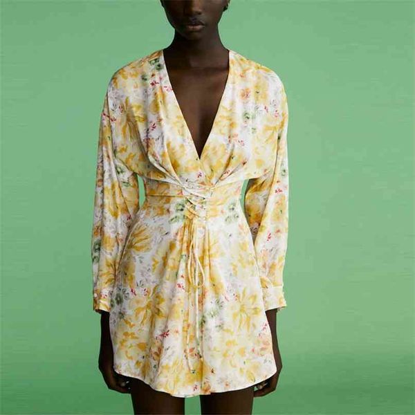 

vintage flower print summer dress women long sleeve lacing waisted yellow beach es woman side zip mini pleat 210524, Black;gray