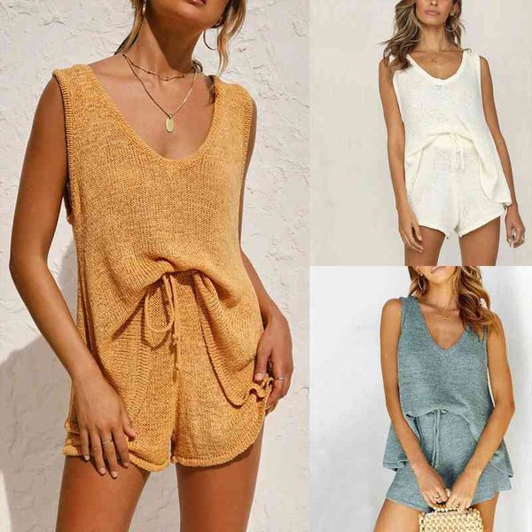 

two pieces set womens tracksuits v neck vest drawstring short pant solid women sweater suits o knitted pullover shorts, Gray
