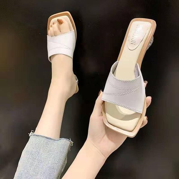 

women's shoes summer slides 2021 square heels house slippers for woman plus size leisure toe women zapatillas mujer, Black