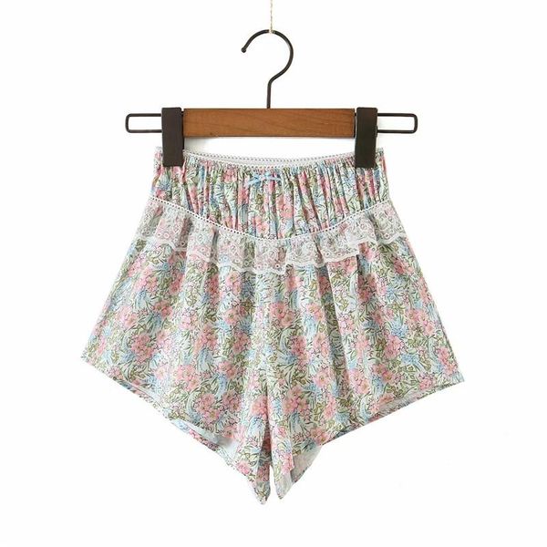 

women's shorts merodi chic lady fashion patchwork around lace floral print summer women cute bow elastic high waist chiffon short pants, White;black