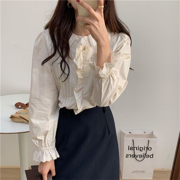 

retro lace shirt arrival solid korean girls all match women chic loose vintage blouses 210525, White