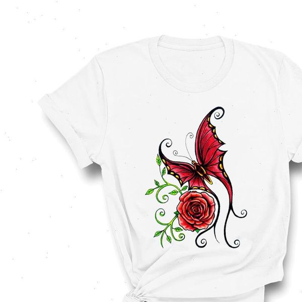 

t shirts women shirt for butterfly printing trend flower floral 90s clothing print lady graphic ladies female tee, White