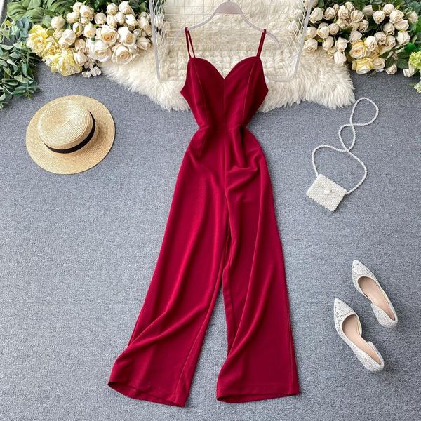 

women's jumpsuits & rompers 2021 spring korea fashion women casual red jumpsuit v-neck sling high waist straight wide leg pants h318, Black;white
