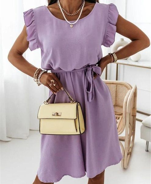 

casual dresses summer elegant ruffle party dress women o-neck sleeveless lace-up 2021 office lady fashion white pink robe, Black;gray