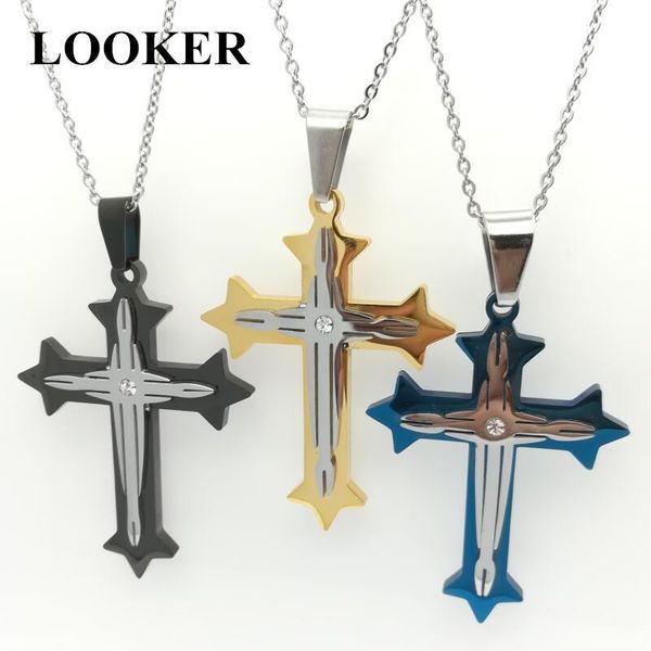 

pendant necklaces looker retro fashion jewellery mens star cross necklace 3 layer stainless steel 2021 chain, Silver