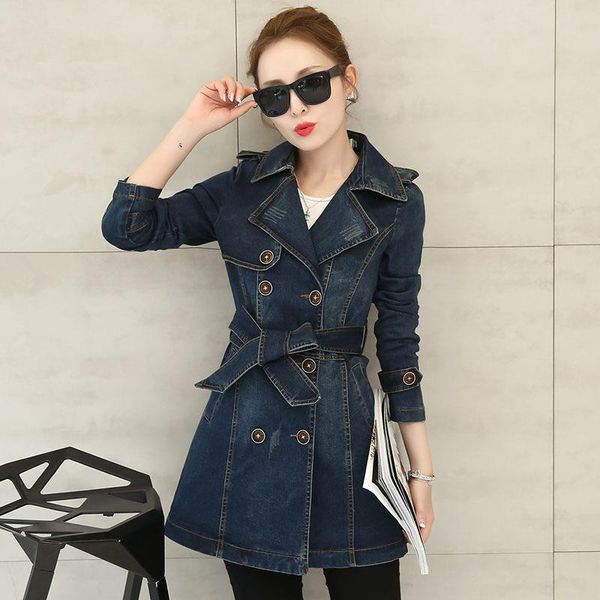 

women's jackets women long denim jacket autumn winter plus size 3xl slim full sleeve fashion streetwear double breasted sashes female o, Black;brown