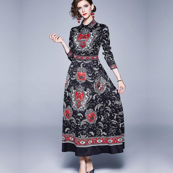 

casual dresses women dress summer autumn elegant slim bodycon vintage a-line party runway print maxi long shirt office work, Black;gray