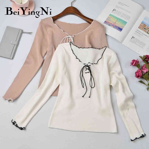 

autumn fashion sweaters korean lace-up slim harajuku crop women sweater casual chicly long sleeve pullovers 210427, White;black