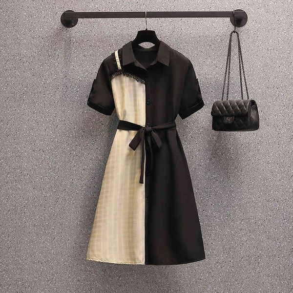 

casual dresses plus size women midi summer black plaid patchwork lace belt tunic female party short sleeve vestido wkht, Black;gray