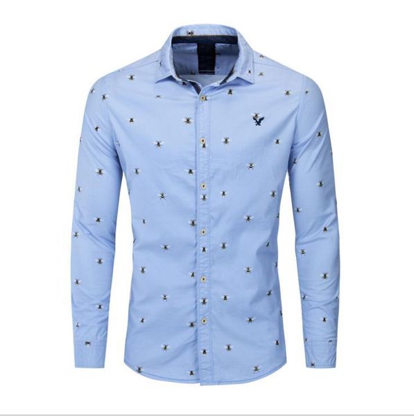 

men's casual shirts mens bee printing social cotton loose long sleeved single breasted male spring autumn shirt camisa j3076, White;black