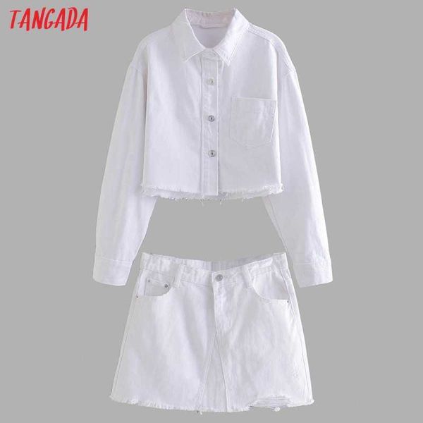 

tangada fashion women's set 2 piece white tassel denim cropped jacket and skirt je109 210609