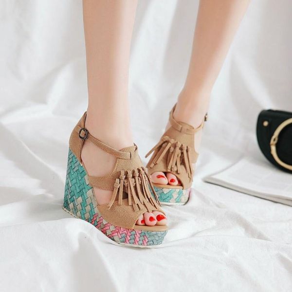 

mature platform wedge high heels sandals women shoes peep toe tassel fringe lady faux suede party office 2021, Black