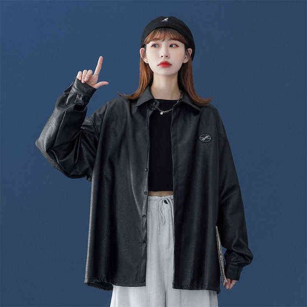 

21 qiuchao pu leather loose lapel jacket casual shirt neutral w195-p58, Black;brown