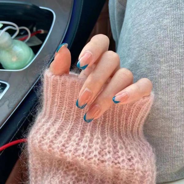 

false nails 24pcs fake nude blue edge glue type removable middle length paragraph fashion artificial manicure fully covered nail decor, Red;gold