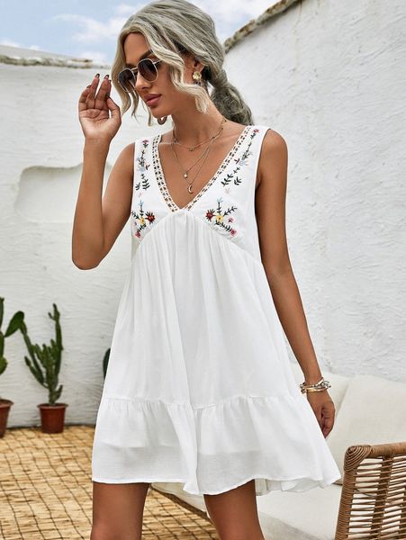 

lace trim embroidered smock dress v9t1#, Black;gray