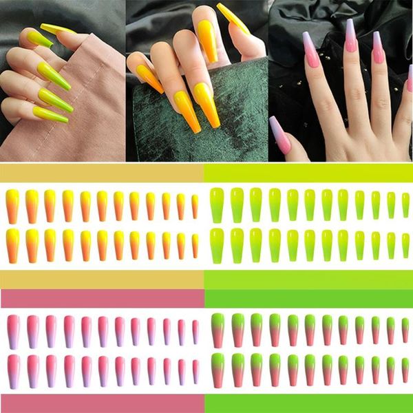 

false nails 24pcs/set nail art tips manicure detachable diy coffin gradient color full cover, Red;gold
