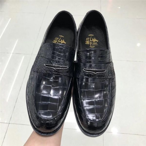 

dress shoes authentic true crocodile skin businessmen formal genuine exotic alligator leather male slip-on round toe loafers, Black
