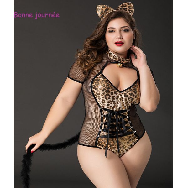 

plus size cat lingerie spots leopard costumes for role playing for women erotic porno kitten lingerie cosplay uniform, Black;white