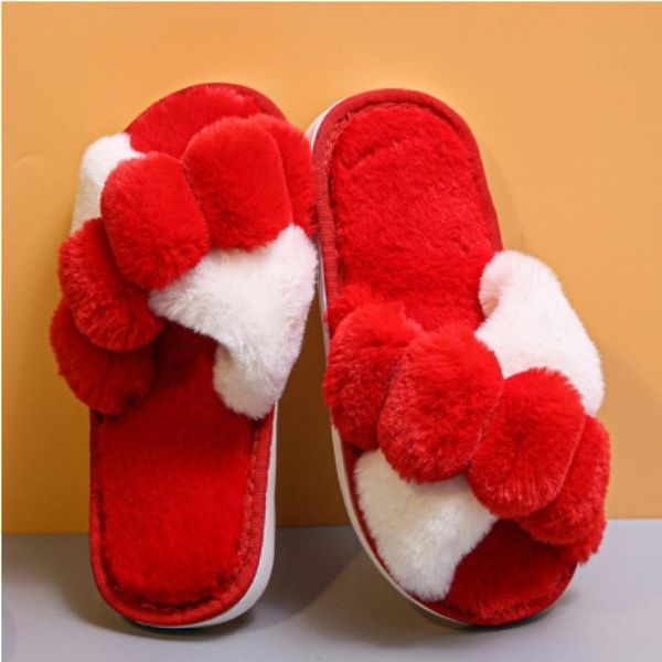 

slippers style warm fluffy women faux fur cross indoor floor slides flat soft cosy shoes ladies female non-slip house, Black