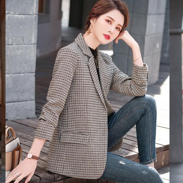 

houndstooth suit jacket women's long-sleeved spring design short casual coffee color plaid suits & blazers, White;black