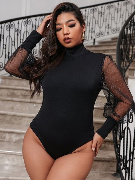 

plus contrast mesh bishop sleeve high neck bodysuit m90z#, Black
