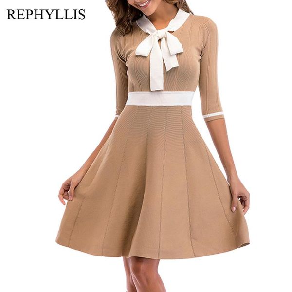 

casual dresses rephyllis women fashion bow neck 3/4 sleeve a line swing knitting evening party prom ceremony work dress, Black;gray