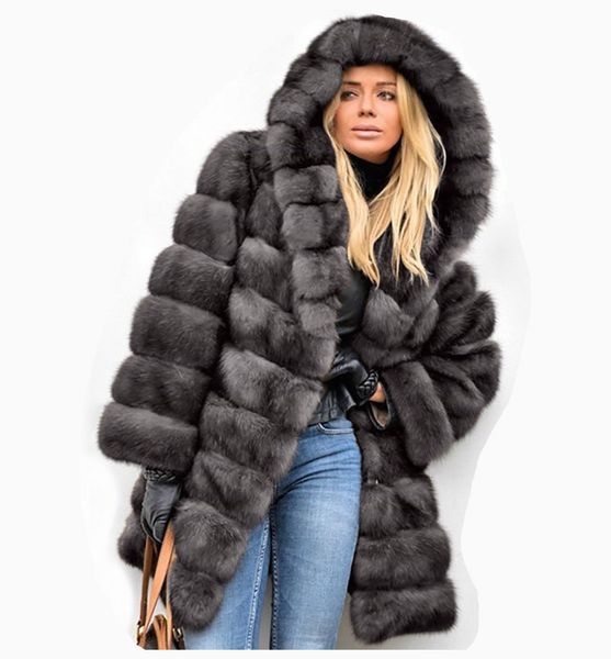 

womens faux leather outerwear loose warm hooded fur collar coat designer lady winter thick parkas plush coats, Black