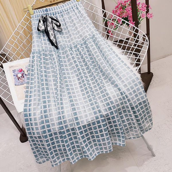 

skirts mesh stitching plaid skirt 2021 summer bow pleated medium high waist bandage swing a-line midi women, Black