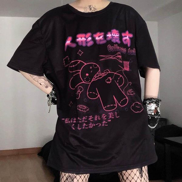 

harajuku bunny print black womens t shirts crop goth streetwear short sleeve tee female kawaii y2k mujer gothic kpop, White