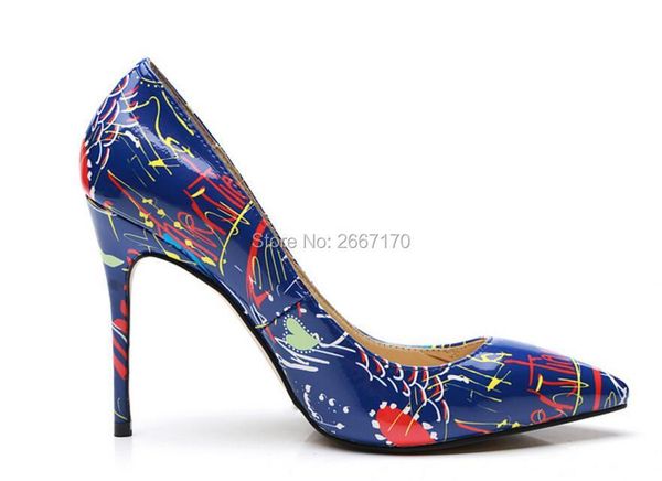 

dress shoes brand women graffiti leather pumps colorful slip on high heels pointed toe stilettos wedding party 12 cm, Black
