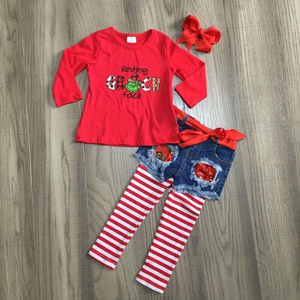 

fall winter girls red raglan jean shorts stripe leggings baby outfits with bow, White