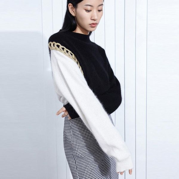 

donsignet sweater women spring/autumn contrast knitted loose velvet pullover o-neck long sleeve patchwork woman sweaters women's, White;black