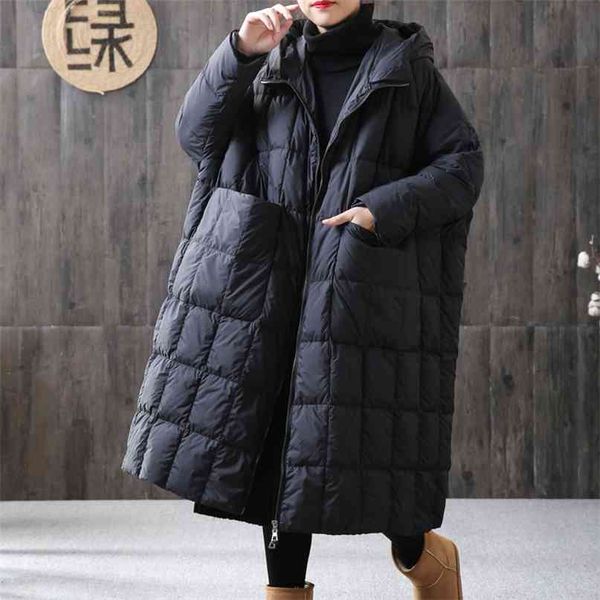 

women loose long coat 90% duck down jacket winter female plus size overcoat stitching hooded parka 210923, Black