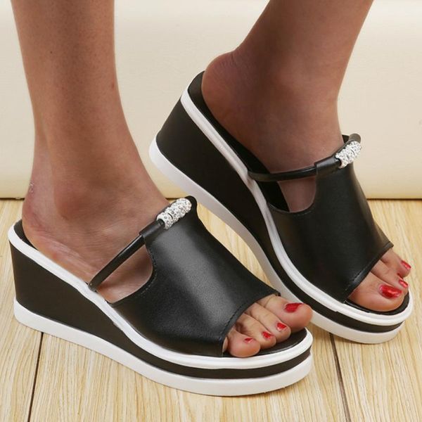 

women summer slippers platform patchwork rhinestone wedges heels peep toe beach outdoor slides casual sandals ladies shoes 2021, Black