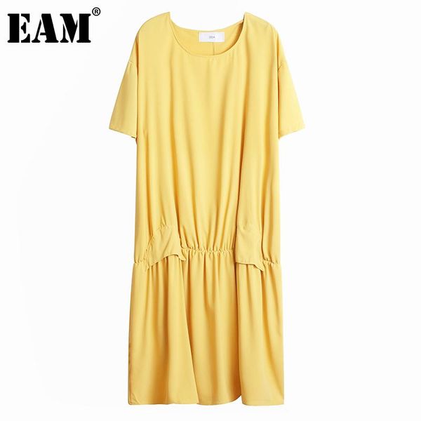 

casual dresses [eam] women yellow chiffon long pleated big size dress round neck half sleeve loose fit fashion spring summer 2021 1dd8658, Black;gray