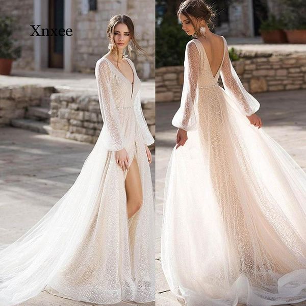 

women's swimwear v neck bridal dress mesh long lantern sleeve white chiffon 3d flower wedding gown backless split fork plus size robe, White;black